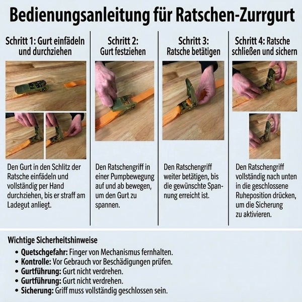 Anleitung zur Verwendung eines Ratschenspanngurts mit Sicherheitshinweisen