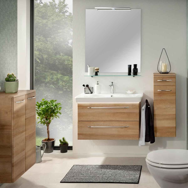 FACKELMANN MILANO Badmöbel Set 2 Teile – Waschtisch mit Unterschrank fürs Badezimmer – Waschbeckenunterschrank mit Schubladen in Holz braun – Badschrank hängend – 90 cm breit