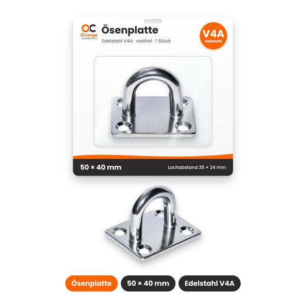 Ösenplatte aus rostfreiem Edelstahl V4A, 50 mal 40 Millimeter, mit einem Lochabstand von 35 mal 24 Millimeter in der Verpackung.