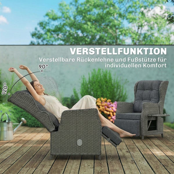 Verstellbarer Garten-Relaxsessel aus Geflecht, Rückenlehne und Fußstütze verstellbar von 90 bis 120 Grad auf einer Holzterrasse.