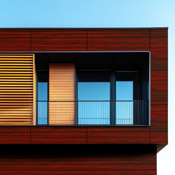 Fassade eines modernen Gebäudes mit Balkon und Schiebeläden zur Beschattung