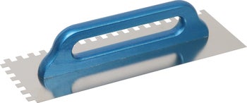 Zahnkelle aus rostfreiem Stahl mit blauem Griff.