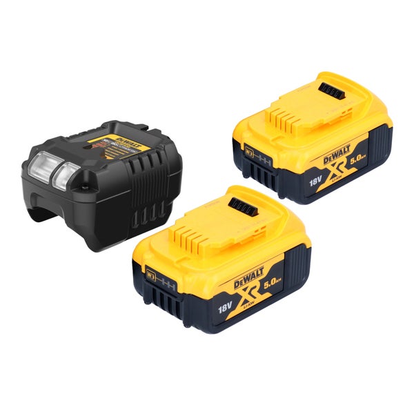 DeWalt Akku-Starter-Set mit einem Ladegerät und zwei 18 Volt 5,0 Amperestunden Lithium-Ionen Akkus der XR Serie.