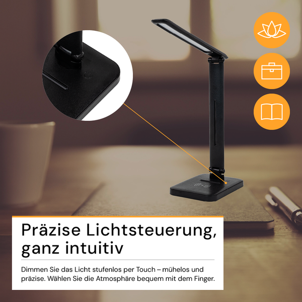 Schwarze LED Schreibtischlampe mit Touchfunktion und kabelloser Ladefunktion