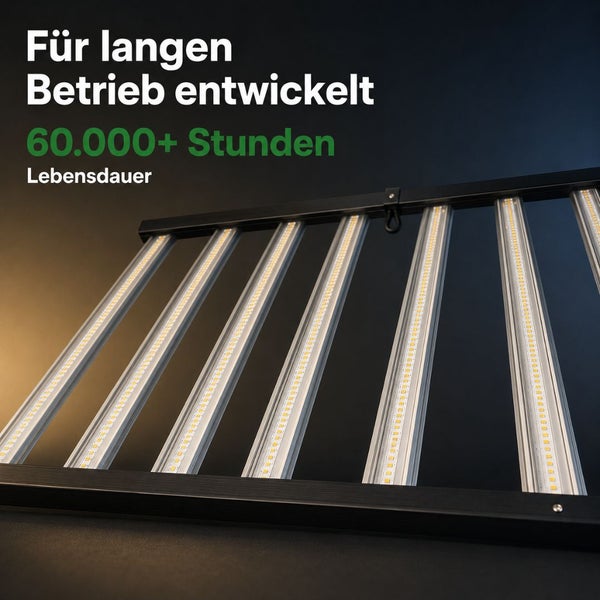LED Pflanzenlampe mit mehreren Lichtbalken und einer Lebensdauer von über 60.000 Stunden.