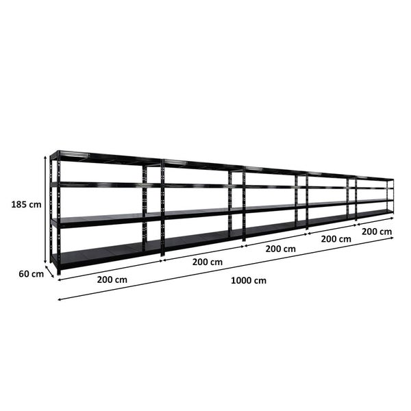 PROREGAL Mega Deal 5x Profi Schwerlastregal Rhino HxBxT 180x200x60cm 4 Stahlplatten-Ebenen Fachlast 500kg Schwarz