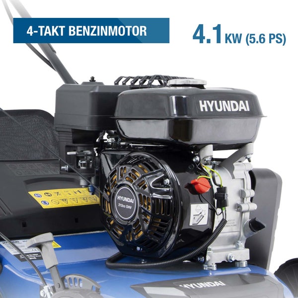 Hyundai Rasenmäher mit 4 Takt Benzinmotor, 4,1 Kilowatt Leistung und 212 Kubikzentimeter Hubraum.