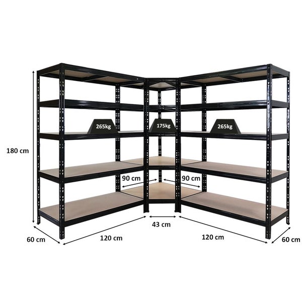 PROREGAL Mega Deal Tiger Black 1x Eckregal + 2X Schwerlastregal 180x120x60cm Schwarz mit Fachlasten 175 + 265 kg Eckregal