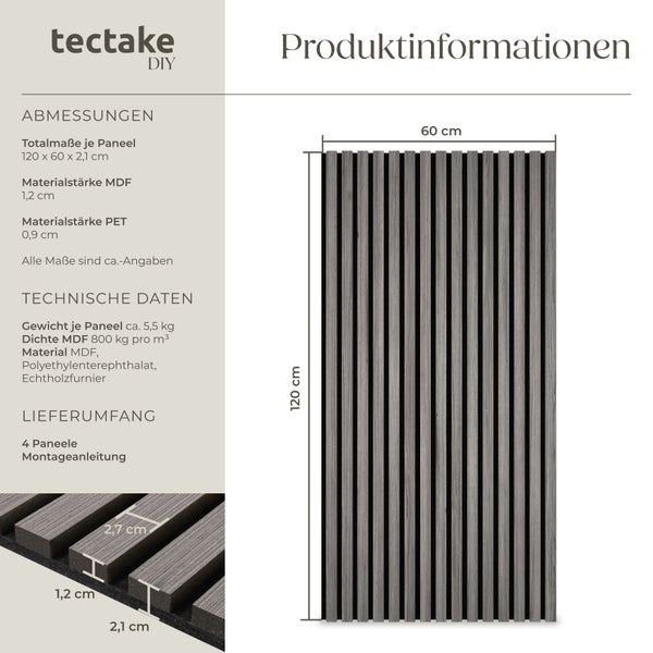 Produktinformationen zu tectake DIY Paneelen mit Abmessungen und Materialdetails