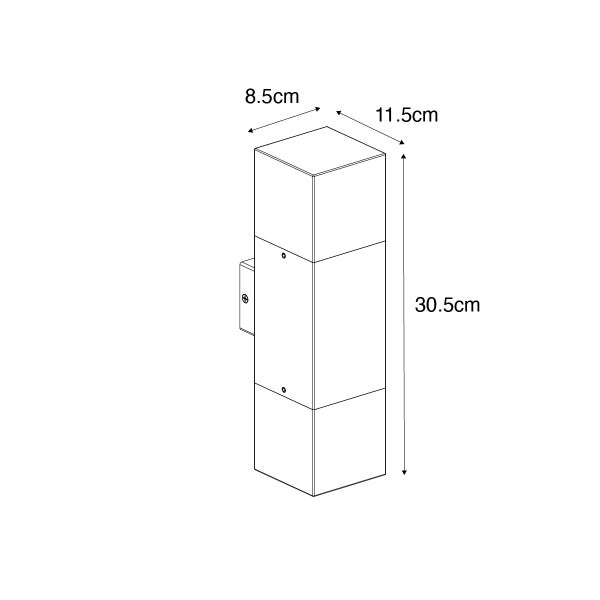 Maßzeichnung einer rechteckigen Wandleuchte mit den Maßen 30,5 Zentimeter Höhe, 8,5 Zentimeter Breite und 11,5 Zentimeter Tiefe.