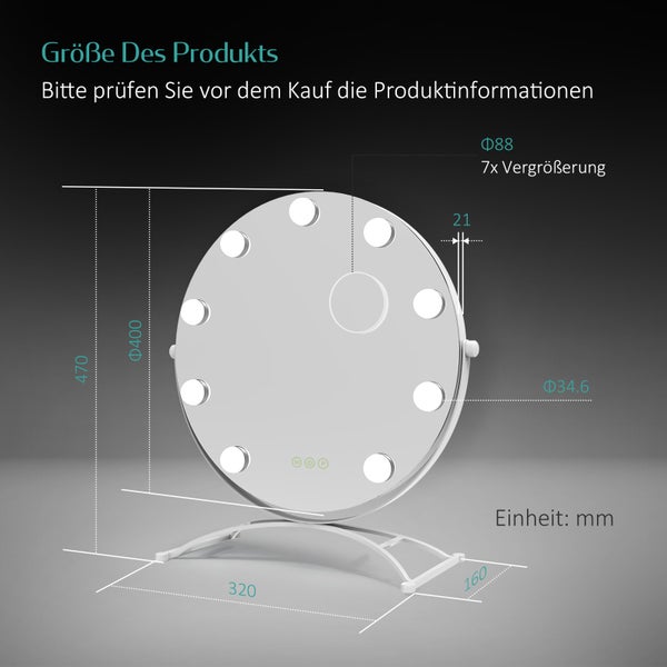EMKE Hollywood Schminkspiegel Ø40 cm, LED-Tischspiegel mit Touch-Funktion, 9 dimmbare Leuchtmittel, 3 Lichtfarben, 7x Vergrößerung, Memory-Funktion, 360° drehbar, bohrfrei, Weiß – für Schminktisch & Schlafzimmer