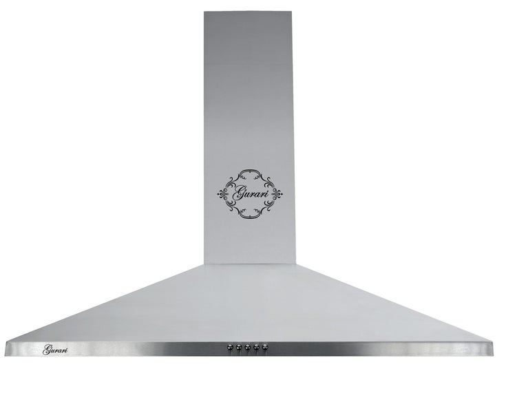 Gurari Wandhaube aus Edelstahl mit Kamin und fünf Bedientasten. Gurari Logo.
