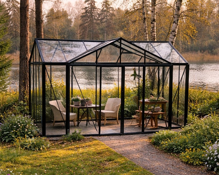 Freistehendes Gewächshaus aus Glas mit schwarzem Aluminiumrahmen, eingerichtet mit Korbstühlen und einem Holztisch in einem hellen Garten am See.