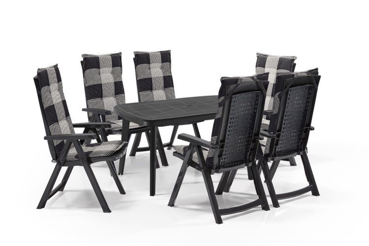 Shaf Milano 7-tlg. Outdoor-Essgruppen-Set, Anthrazit inkl. Madison Karierten Kissenauflage