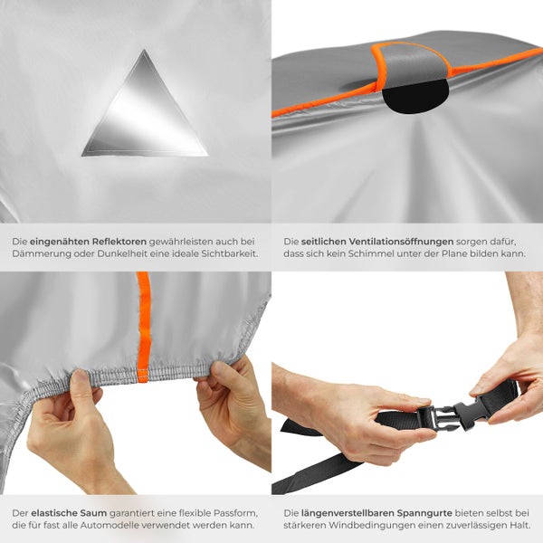 Detailansichten einer Autoabdeckung: Reflektoren, Belüftungsöffnungen, elastischer Saum und verstellbare Spanngurte