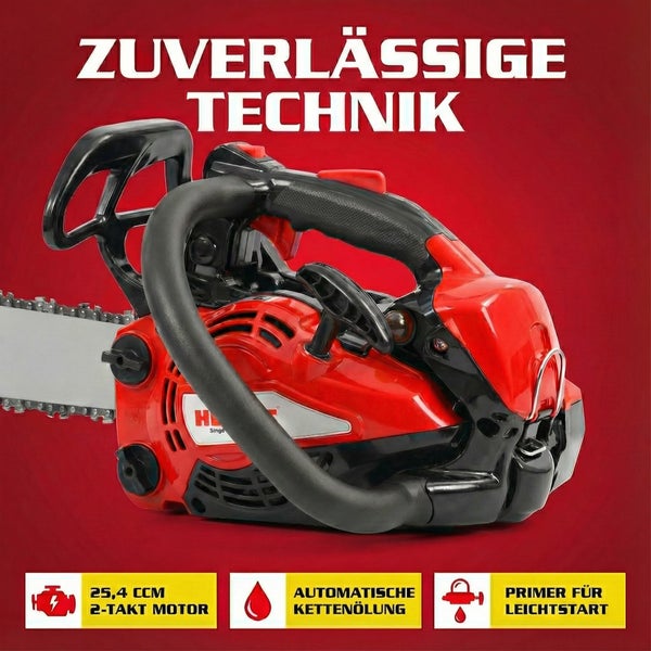 Rote Kettensäge mit 25,4 ccm Zweitaktmotor und automatischer Kettenölung