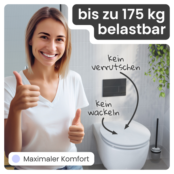 Szene eines spülrandlosen WCs mit einer Belastbarkeit von bis zu 175 kg und einer Frau, die zwei Daumen nach oben zeigt, was maximalen Komfort bedeutet