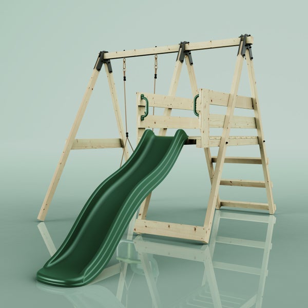 Schaukelgestell aus Holz mit einer Babyschaukel und einer Rutsche in Grün.