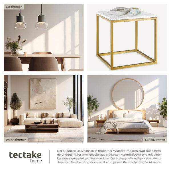 Collage mit Wohnszenen: Esszimmer mit Esstisch und Pendelleuchten, Beistelltisch mit Marmorplatte, Wohnzimmer mit Sofa und Schlafzimmer mit Bett und Spiegel