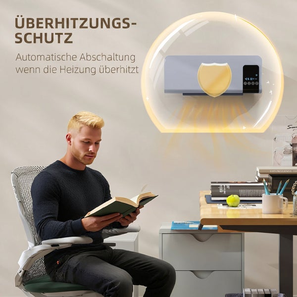 Wandheizlüfter mit Oszillationsfunktion zur gleichmäßigen Erwärmung im Wohnraum montiert an der Wand.