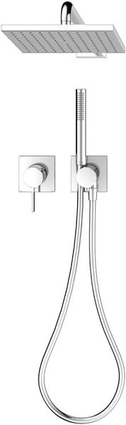 Unterputz-Duschsystem mit rechteckiger Regendusche, Stabhandbrause, Brauseschlauch und quadratischen Armaturen in Chrom.