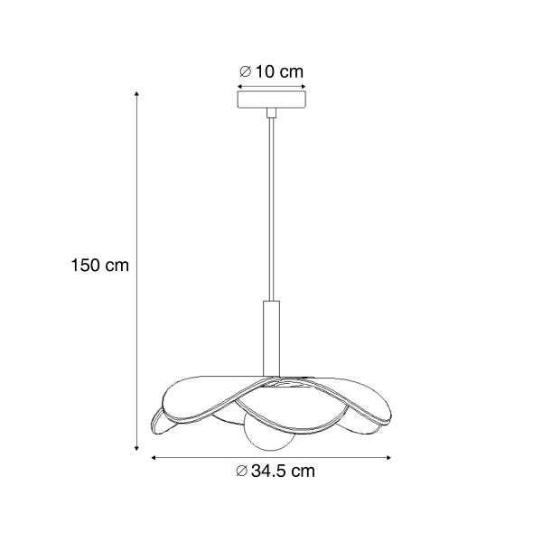 Strichzeichnung einer Pendelleuchte mit Angabe der Abmessungen von 150 Zentimeter Höhe und 34,5 Zentimeter Durchmesser.
