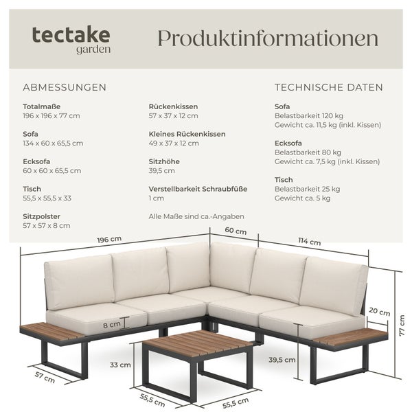 Infografik mit Abmessungen und technischen Daten des tectake garden Lounge-Sets, inklusive Gesamtmaße, Sitzhöhe und Belastbarkeit.