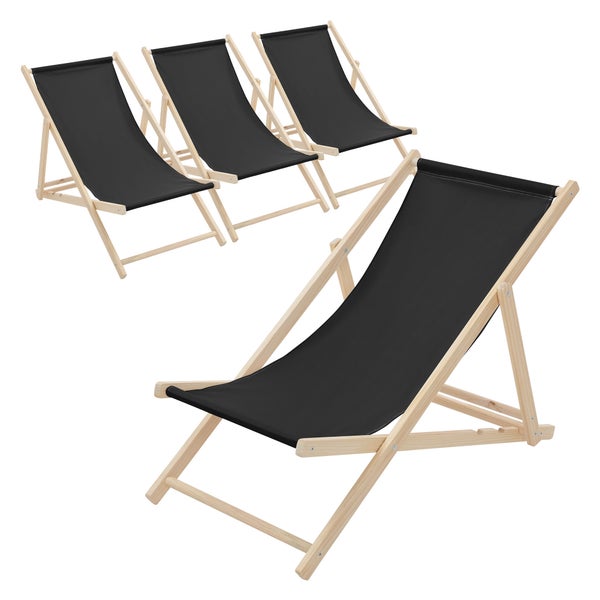 Set aus vier klappbaren Liegestühlen mit hellem Holzrahmen und schwarzer Stoffbespannung.