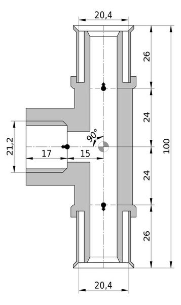 Technische Zeichnung eines T-Stücks mit Maßangaben und einem 90 Grad Winkel.