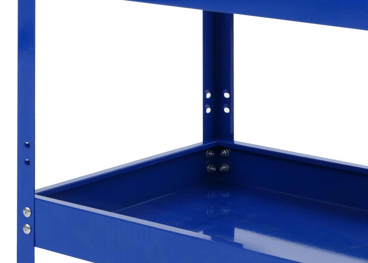 Detailansicht eines blauen Werkstattwagens mit Regalen und Befestigungselementen.