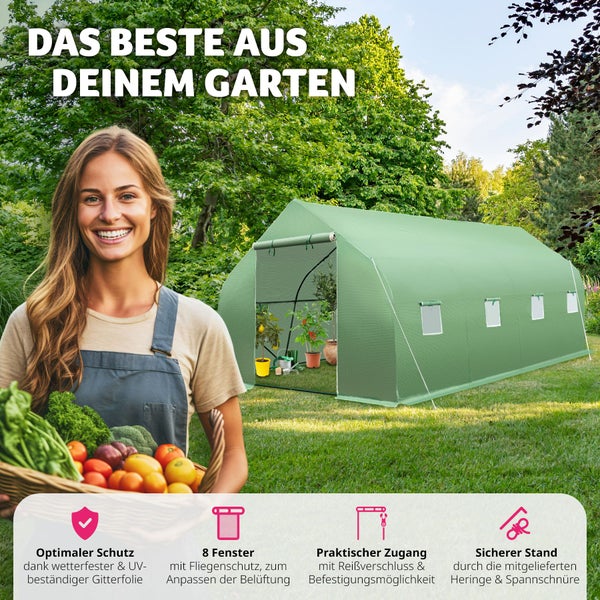 Foliengewächshaus tectake  600 x 300 x 205 cm 27 m³, in Zeltform mit 8 Fenstern grün