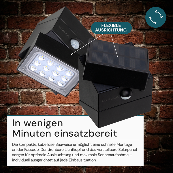 Luxula Solar-LED-Außenleuchte mit Bewegungsmelder, schwenkbarem Lichtkopf und verstellbarem Solarpanel für flexible Ausrichtung.