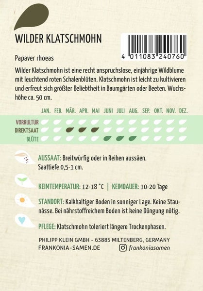 Verpackung mit Informationen zu Klatschmohn-Samen