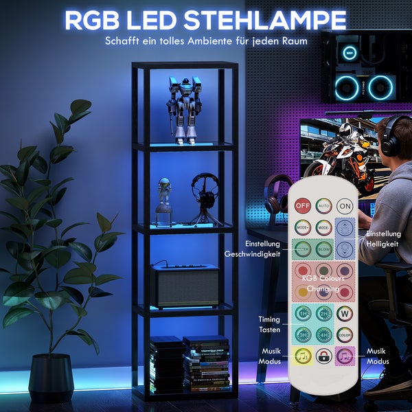 Schwarze RGB LED Stehlampe mit Regal in einem modern eingerichteten Zimmer inklusive Fernbedienung für Helligkeit und Musikmodus.