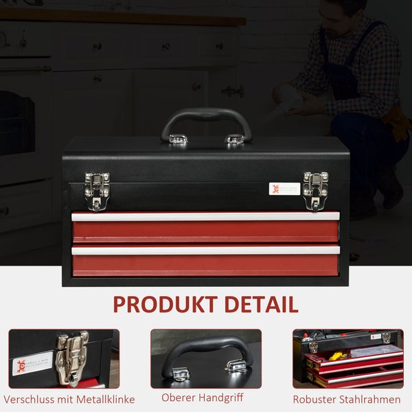 DURHAND, Werkzeugkasten, Werkzeugkoffer, 46L x 24B x 22H cm, Stahl, Schwarz+Rot