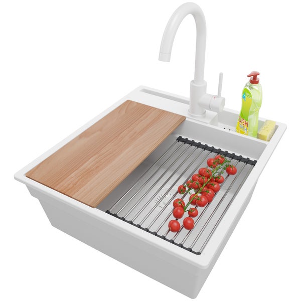 PRIMAGRAN Granitspüle Alles Weiß 48x53cm, Spülbecken 1 Becken + Küchenarmatur 32x20cm + Ablauf-Set + Küchenzubehörset, Küchenspüle ab 50er Unterschrank - Oslo Pocket
