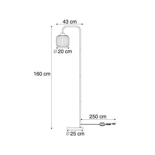 Maßzeichnung einer Stehleuchte mit einer Höhe von 160 Zentimetern, einer Ausladung von 43 Zentimetern und einem Schirmdurchmesser von 20 Zentimetern.