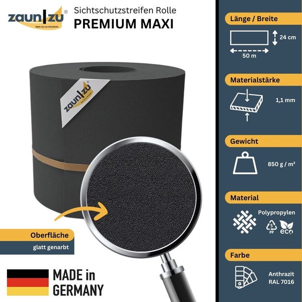 Zaun zu Sichtschutzstreifen Rolle Premium Maxi aus Polypropylen, 50 Meter lang