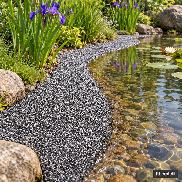 Teichrand aus feinem Kies entlang eines Gartenteichs mit Wasserpflanzen, Steinen und Seerosen.
