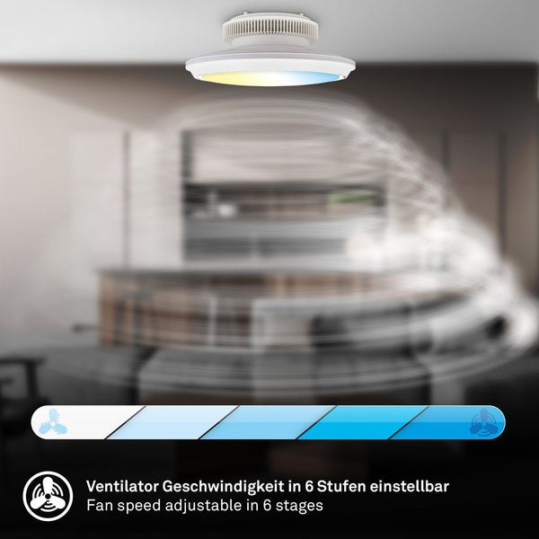 Moderner LED Deckenventilator mit Beleuchtung in einem Wohnraum. Die Ventilatorgeschwindigkeit ist in sechs Stufen einstellbar.