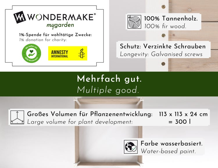 WONDERMAKE - Große Hochbeet-Umrandung aus Holz für Garten Terrasse, Pflanzbeet Bausatz XL quadratisch, Blumenbeet Kräuterbeet Beetumrandung niedrig deko, 120 x 120 x 26,5 cm, weiß grau anthrazit