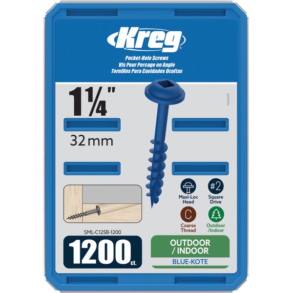 Kreg Logo. Pocket-Hole Schrauben Blue-Kote, 32 Millimeter, Grobgewinde, Maxi-Loc Kopf, Vierkantantrieb Nummer 2, 1200 Stück, innen und außen.