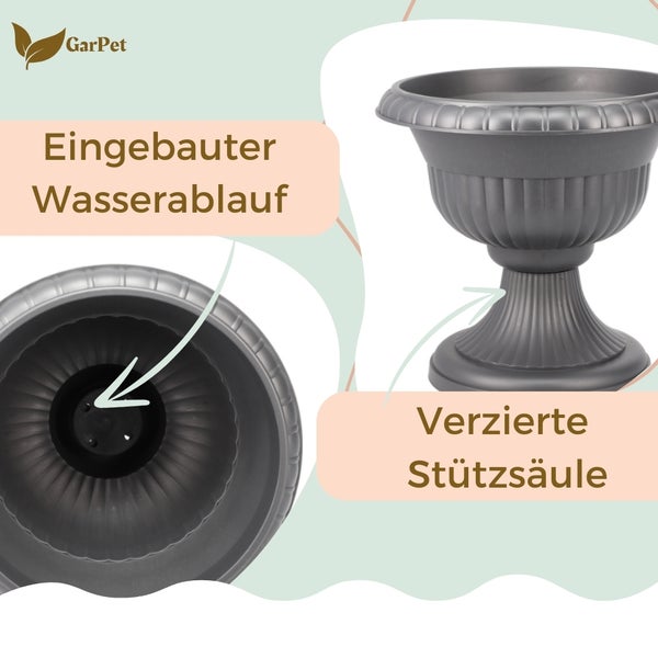 GarPet Logo. Detailansicht einer Pflanzsäule mit eingebautem Wasserablauf und verzierter Stützsäule.