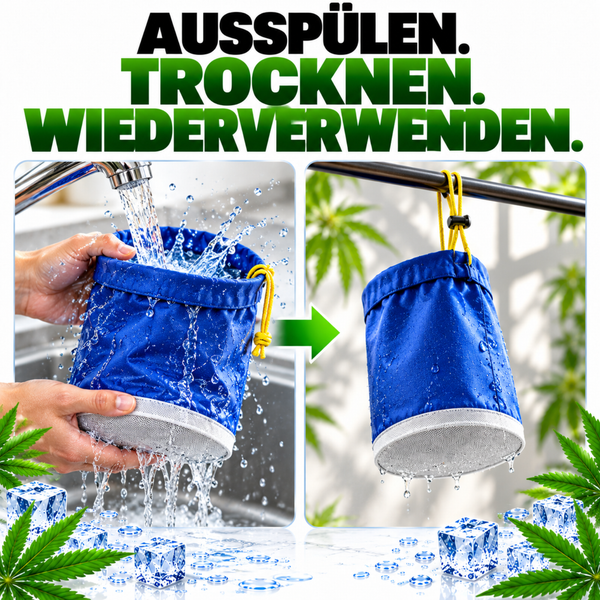 Reinigung und Trocknung eines wiederverwendbaren Filterbeutels mit Siebboden unter fließendem Wasser und an einer Aufhängung.