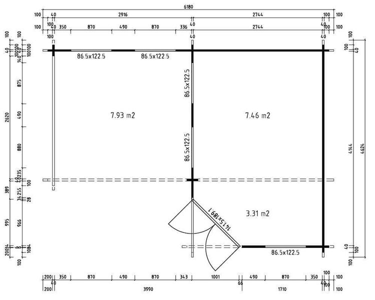 Technischer Grundriss eines Gartenhauses mit drei Räumen und Raumgrößen in Quadratmetern mit detaillierten Maßangaben für Wände und Türen.