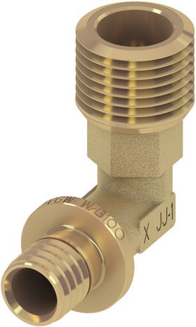 Winkelübergang aus Messing, 90 Grad, mit Außengewinde und Systemanschluss für Rohrleitungen.