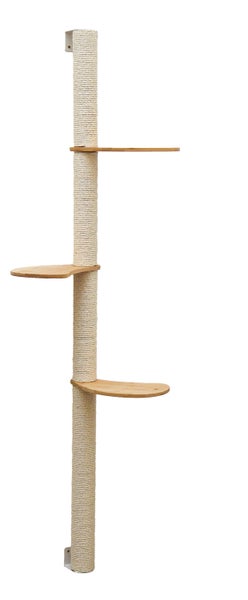 Wandkratzbaum für Katzen mit Sisalstamm und drei Liegeplattformen aus Holz zur Wandmontage