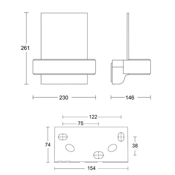 Maßzeichnung einer Wandleuchte mit Angaben für Höhe 261, Breite 230 und Tiefe 146 sowie Details zur Montageplatte.