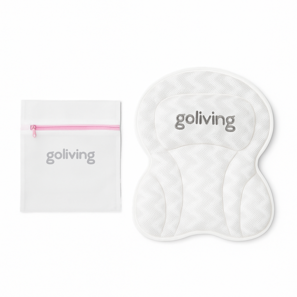 Goliving Badewannenkissen – Ergonomisches Kissen für die Badewanne – Mit 6 Saugnäpfen – Inklusive Waschbeutel – Rutschfest, leicht und wasserdicht – 100 % Polyester – Weiß
