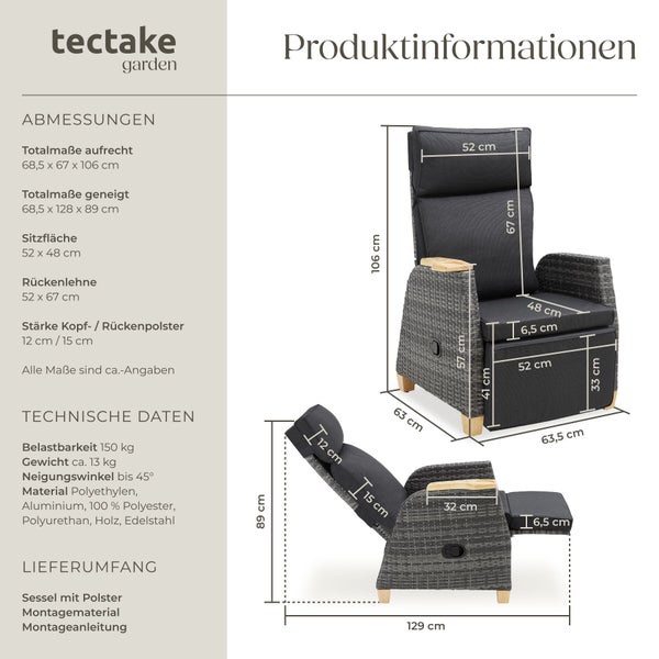 Tectake Garten Sessel mit Polster und Maßangaben für aufrechte sowie geneigte Positionen sowie technische Details und Lieferumfang